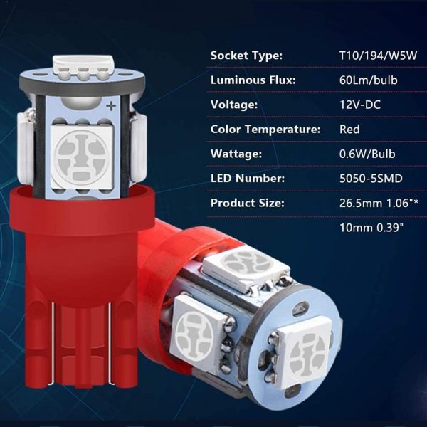 GLOFE 10Pcs Cab Roof Running Marker Light Amber Red T10 LED Bulb Compatible with 2003 2004 2005 2006 2007 2008 2009 Hummer H2,Ford F-250 F-350 1999-2016