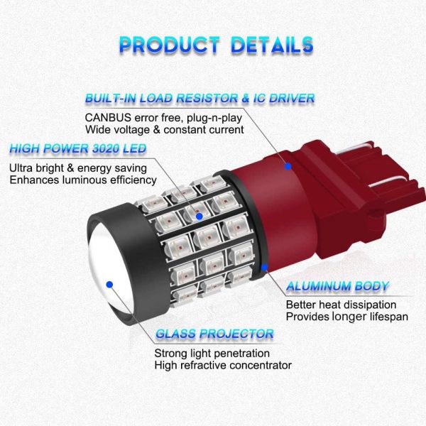 GLOFE 3156 3157 Red LED Bulbs Super Bright 3056 3057KX 4157K 3047K 3157LL 4057K 3457 3057 4157 Brake Stop Tail, Turn Signal Lights Taillights for Cars, Trucks, Motorcycles, Super Bright 2835-SMD 12V