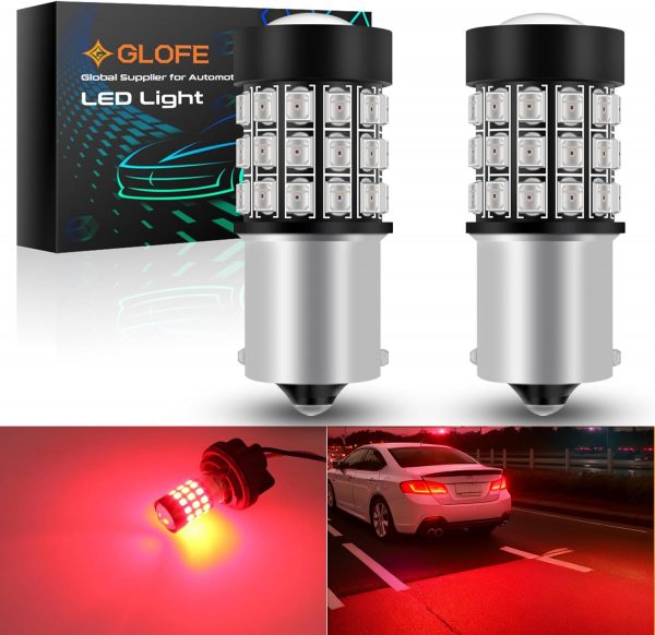 GLOFE BA15S 1156 LED Strobe Brake Stop Lights Bulbs Super Bright 7506 1003 3497 1156 Flashing Strobe Alert LED Bulbs for Cars, Trucks, Pure Red