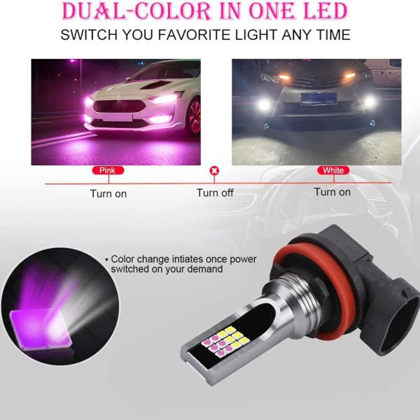 GLOFE Switchback Strobe Flash 24LED H11 H9 H8 H16JP White & Pink Purple Fog Light Bulbs Driving DRL Daytime Running Light