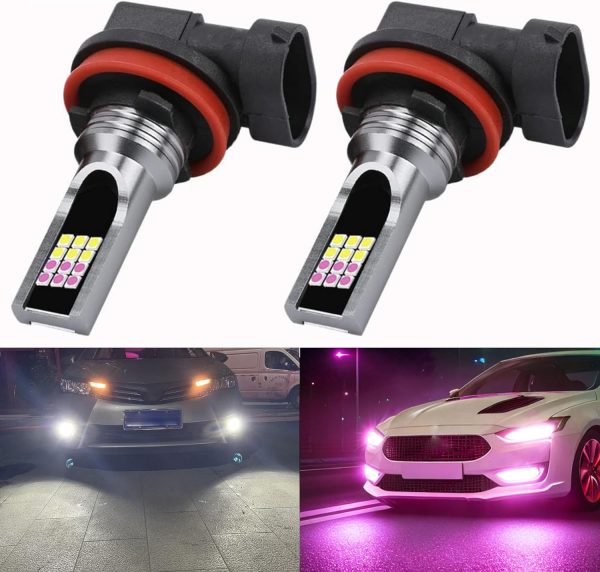 GLOFE Switchback Strobe Flash 24LED H11 H9 H8 H16JP White & Pink Purple Fog Light Bulbs Driving DRL Daytime Running Light